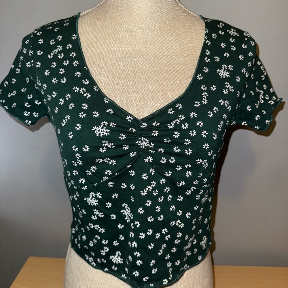ROMWE Dark Green Floral Short Sleeve Top